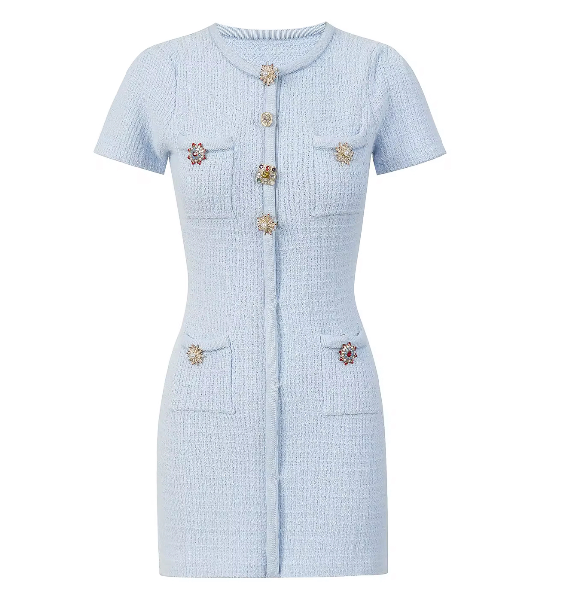 blue jewel button knit mini dress