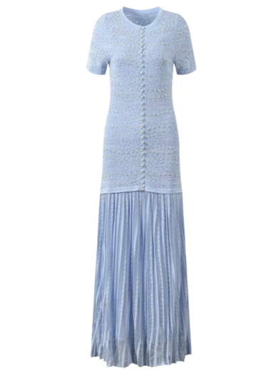 mikka beaded short sleeve light blue knit maxi dress