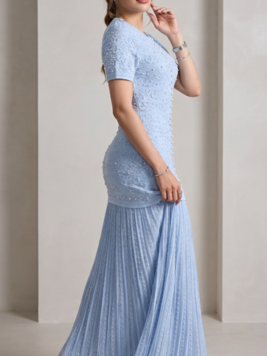 mikka beaded short sleeve light blue knit maxi dress - Image 5
