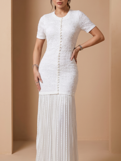 mikka beaded short sleeve white knit maxi dress